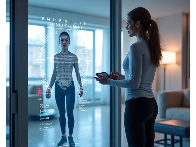 Person using smart gym equipment with holographic interfaces, showcasing AI trainer and real-time data.